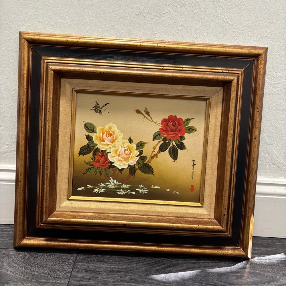 Vintage original Asian framed and signed floral and butterfly oil painting